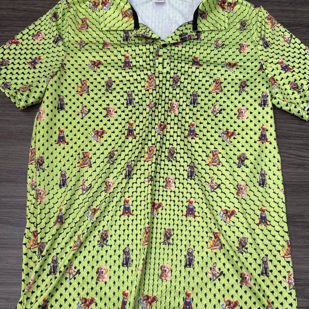 Men's Green Tennis Ball & Dog Print Performance Polo Shirt | Novelty Golf Style
